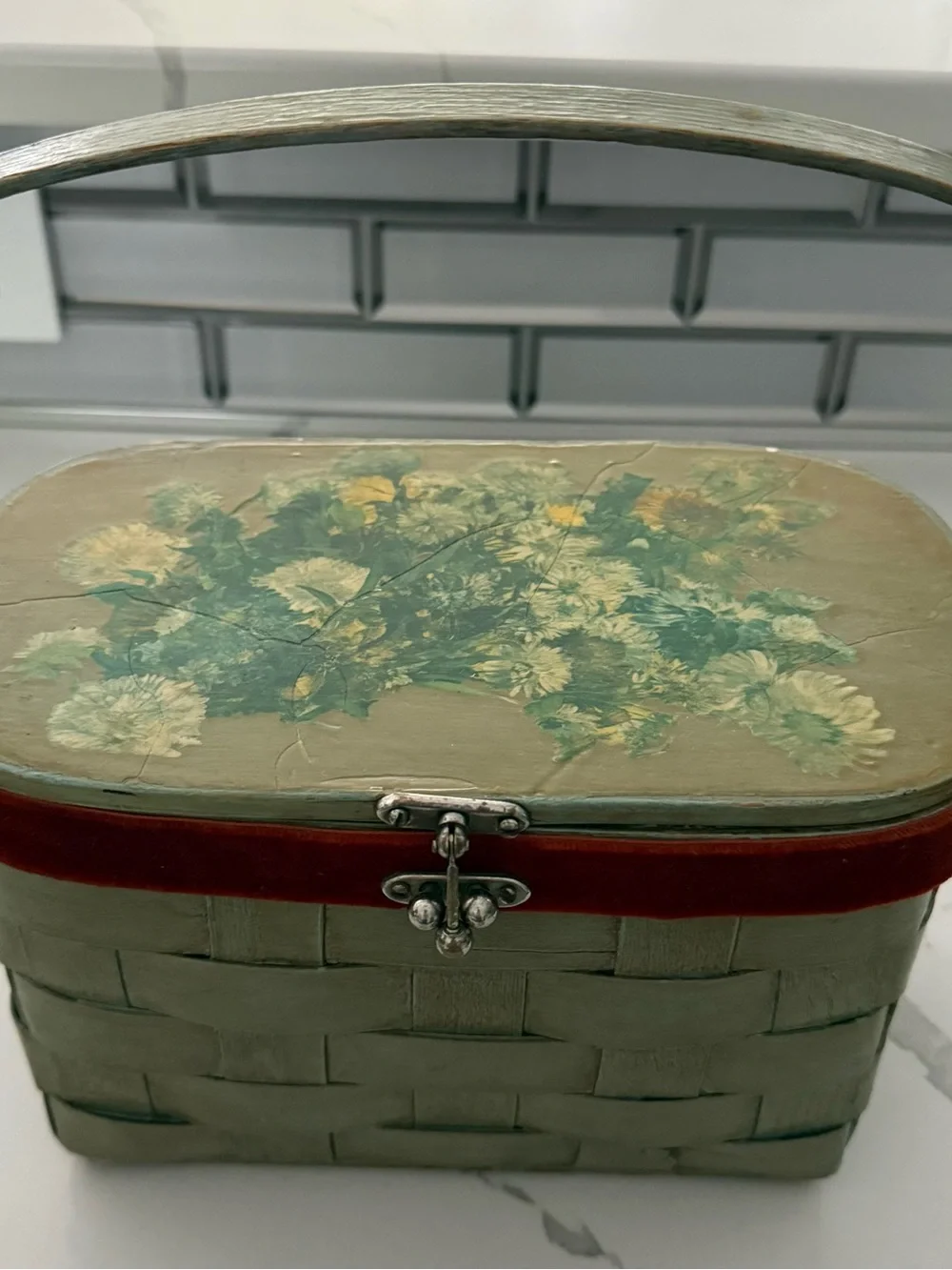 Woven Decorative Storage Box in Green with Red Trim